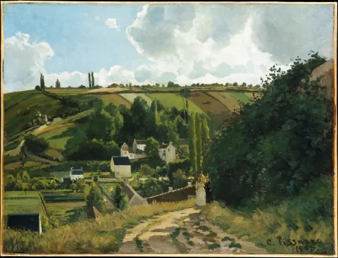 A sunlit hillside village painting with a winding path, green fields and rolling hills under a cloudy sky.