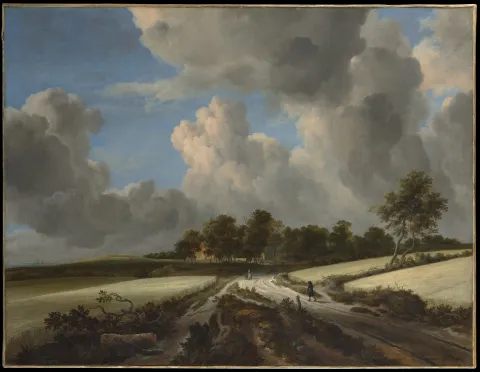 A Dutch countryside painting with dramatic billowing clouds over golden fields and a distant village.